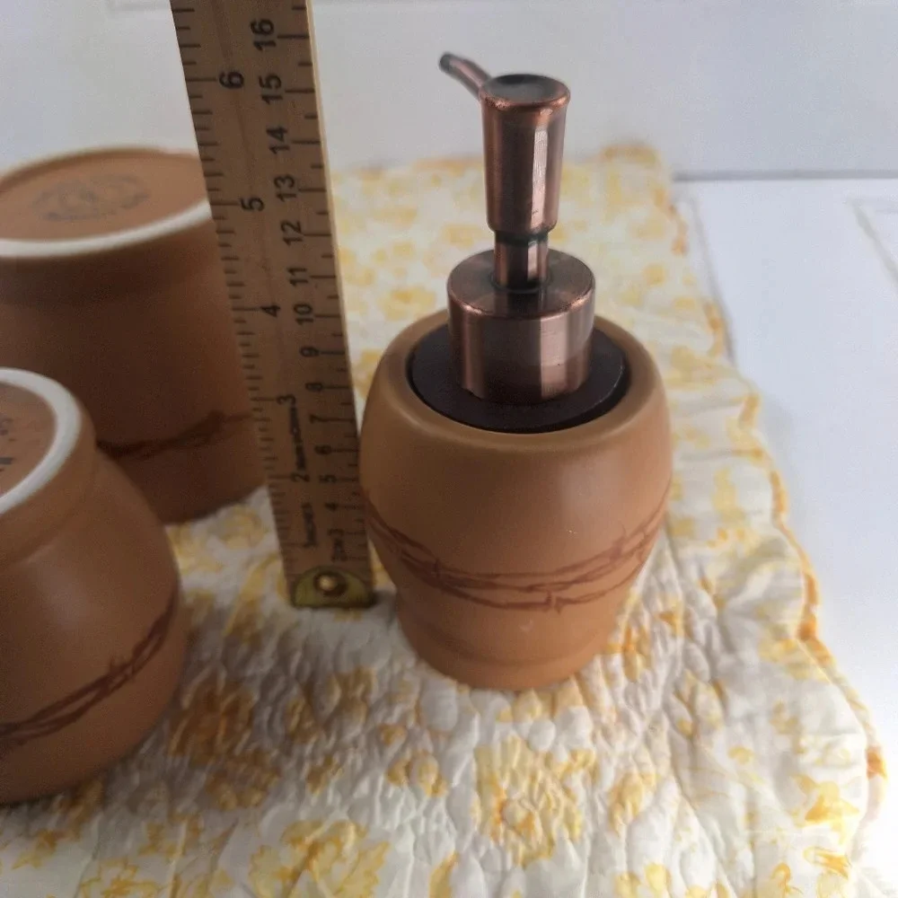 Country Living Barbwire Bath Set Rinse Cup Cotton/QTip Container Soap Pump Brown